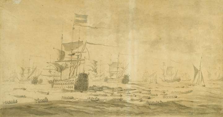 A Dutch Flagship at Anchor attended by Small Boats, the Fleet seen Beyond